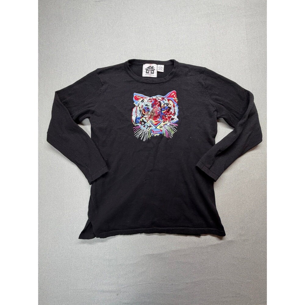 Vintage Storybook Knits Sequin Tiger Face Embroidered Long Sleeve Top Black Sz S